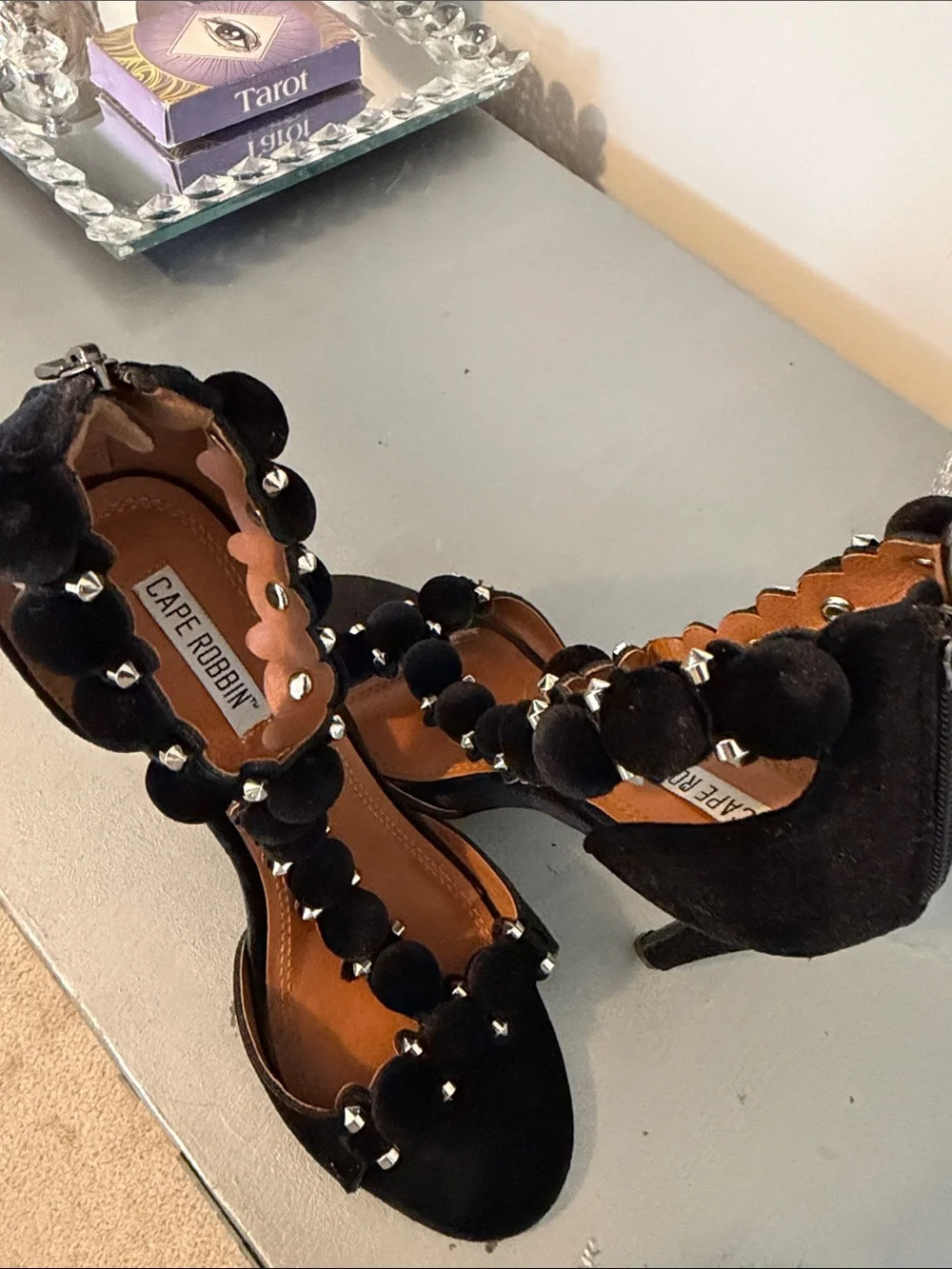 Cape Robbin Black Velvet Pom Pom T-Strap Heels